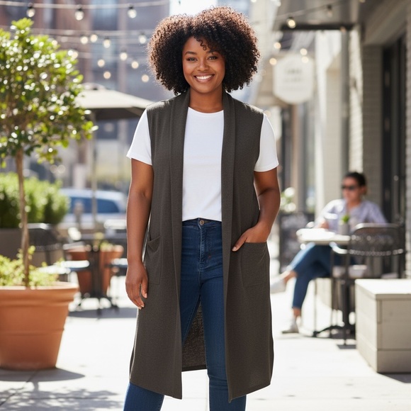 Eileen Fisher Brown Lightweight Boiled Wool shawl collar longline vest - Picture 1 of 9